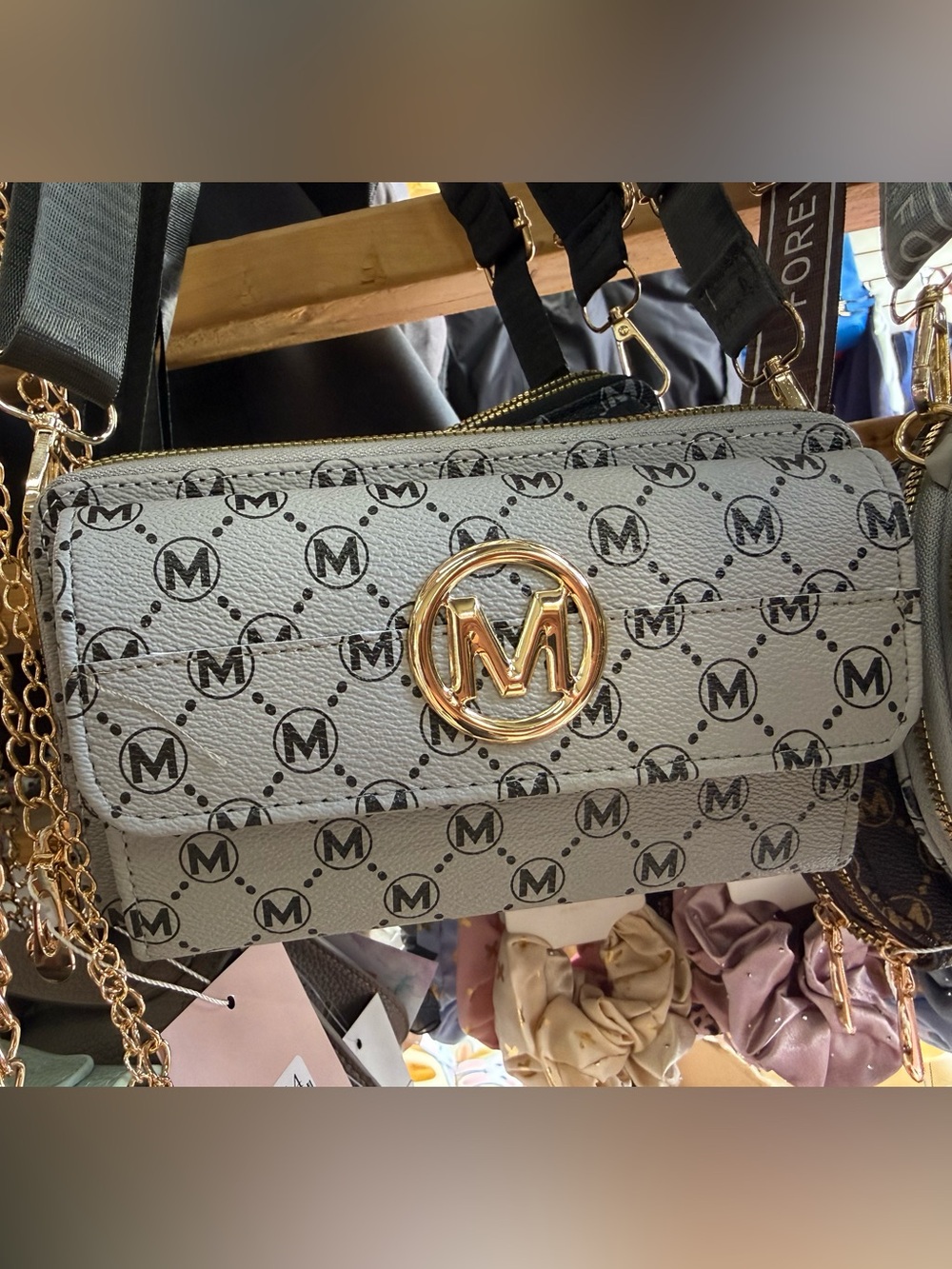 M-Logo Pattern Crossbody Bag in Light Gray with Gold Accent